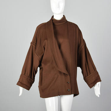 Small Emanuel Ungaro Brown Oversized Coat Silver buttons High Collar Asymmetrical Soft Drop Shoulder Comfortable Vintage 1980s Coat 