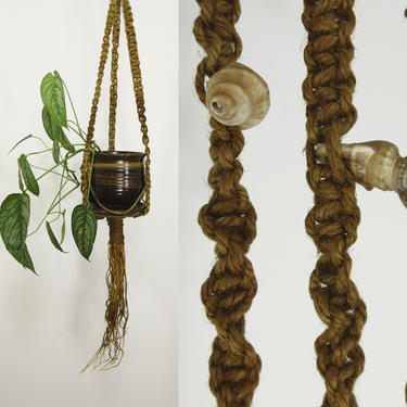 Macrame Seashell Plant Hanger / OOAK Extra Long Driftwood Hanging Planter Seashell Boho Gypsy Woven Braided Jute Twine Natural Wood 