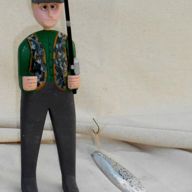 Vintage Hand Carved Folk Art Fisherman and Fish Figurine Gift, Kiss My Att  Vintage