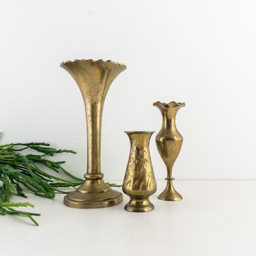 Etched Brass Vintage Vase Set, Grouping of 3 Brass Bud Vases, Vintage Brass Decor 