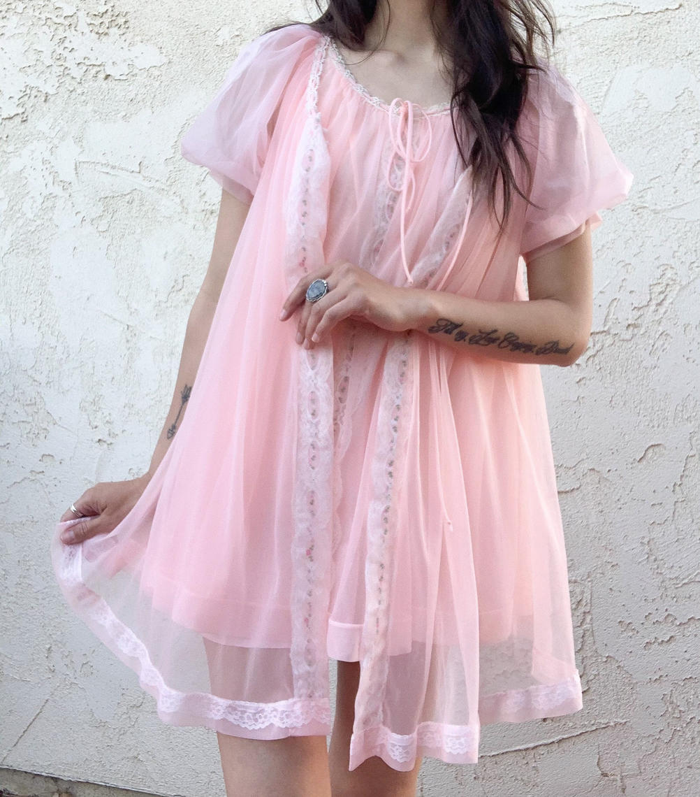 Vintage 60s Miss Elaine 2 Piece Nightie Nightgown Dress Pink Set Cottontail Trading Post