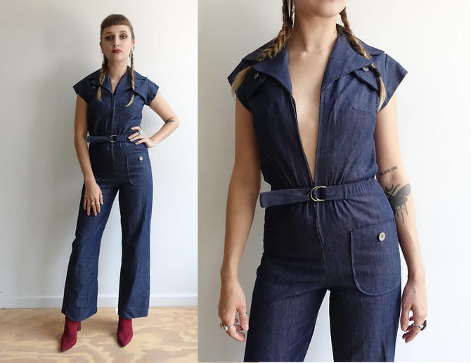 Vintage 70s Denim Jumpsuit/Charlies Angels Tight Denim Bell Bottom