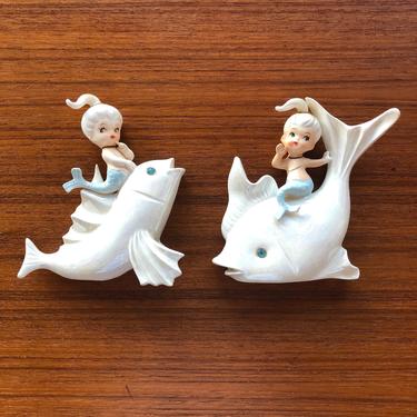 Norcrest Mermaids Vintage Sister Girl Ceramic Wall Plaques - set of 2 pieces 