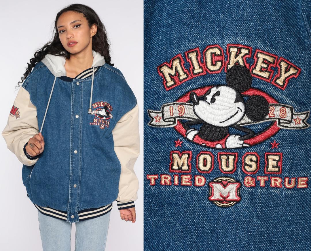 Mickey Mouse Bomber Jacket Hooded Varsity Jacket Disney Denim