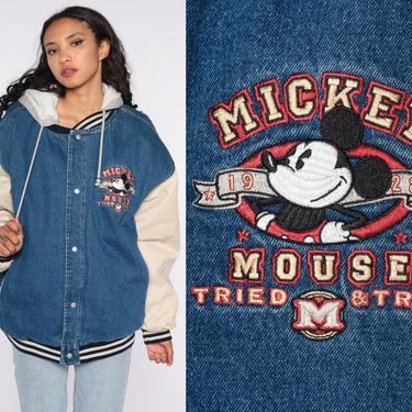 Mickey Mouse Bomber Jacket Hooded Varsity Jacket Disney Denim Jacket 90s Baseball Coat Jean Letterman Blue 1990s Vintage Extra Large xl 