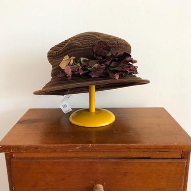 Brown Velveteen Bucket/Boater Hat with Flower Details - Late 1980s/Early 1990s 