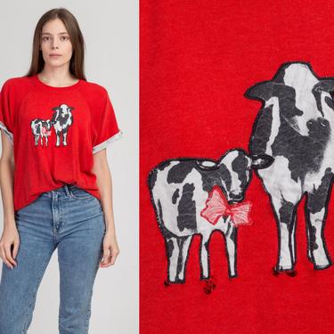 90s &amp;quot;Cow-Moo-Flage&amp;quot; Red Sweatshirt Top - Extra Large | Vintage Cute Animal Applique T Shirt 