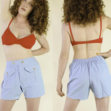 High Waist Swim Trunks \ Vintage Baby Blue Boardshorts with Pockets \ Retro 50s 60s Pool Pants Lined Surf Shorts Bathing Suit Swimsuit 
