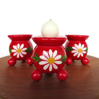 Set Of Three Red Wooden Candle Holders From Sweden, Red Ball Hand Painted Folk Art Candlesticks, Scandinavian Home Decor 