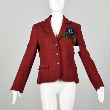 Medium Red Blazer Moschino Cheap & Chic Wool Tweed Yarn Flower Corsage Applique Jacket 