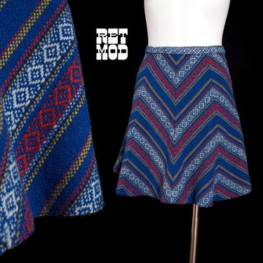 FANTASTIC Vintage 70s Blue &amp; Red Woven Boho Mini Skirt 