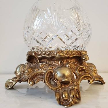 American Mid-Century Pitman-Dreitzer Lancaster Baroque Gilt-Brass Cut Crystal Ball Stand Bohemian Art Glass Votive Candle Holder Vase Globe 