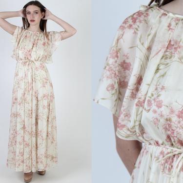 Vintage 70s Cherry Blossom Floral Dress / 1970s Split Sleeve Goddess Dress / 1970s Sweeping Ivory Maxi Dress With Matching Waist Tie 