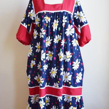 1980s Daisy Print Dress | Vintage Blue and Red Floral Print Tent Dress with Balloon Sleeves | L 