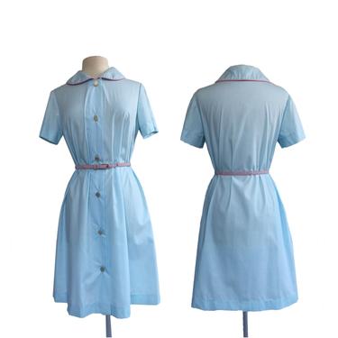 Vintage 60s powder blue cotton dress| waitress or hairdresser uniform| smock dress 