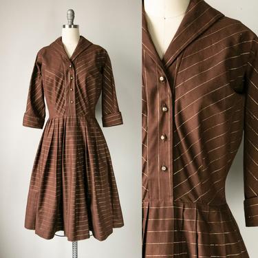 1950s Dress Striped Cotton Full Skirt Shirtwaist M 