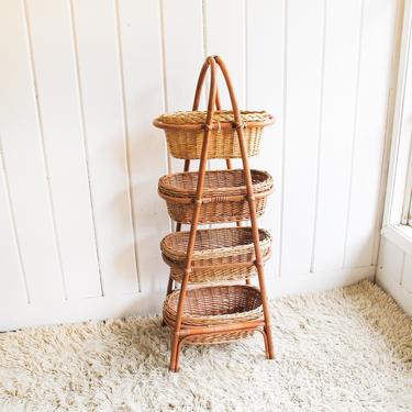 Vintage Woven Wicker, Rattan and Bamboo Basket  Ladder Stand 