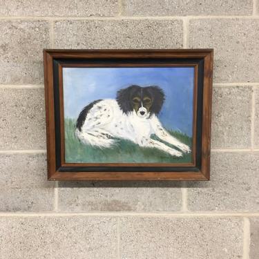 Vintage Painting Retro 1970s Border Collie + Dog Portrait + Acrylic + Framed Wood Canvas + Size 19X15 + Wall Hanging + Home Decor 