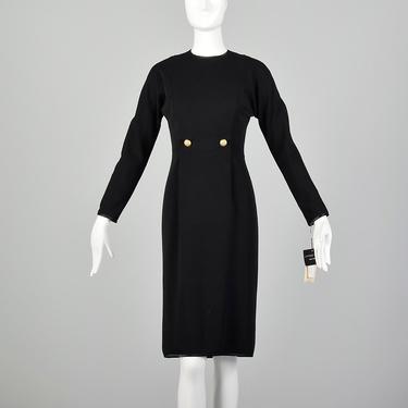 Small Geoffrey Beene Long Sleeve Winter Minimalist Dress Black Knit Knee Length Dress 1990s 