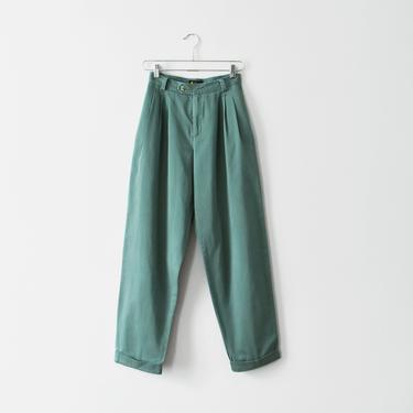 vintage green high waisted trousers, pleated cotton pants, size XS / S 