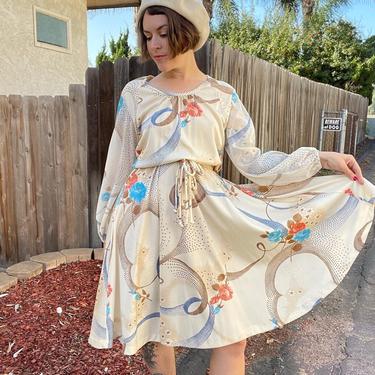 Gorgeous 70s floral swirl dress with chiffon sleeves, beige 