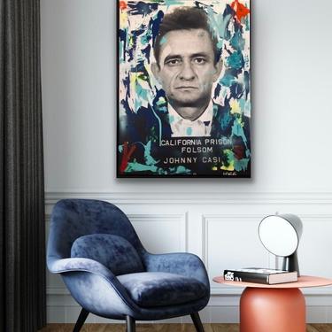 Johnny Cash, street art/graffiti, 30x 40, framed, large wall decor, mugshot art 