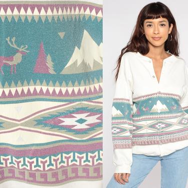 90s Moose Sweatshirt Native American Cardigan Southwest Sweater Mountain Pacific Northwest Sweatshirt 80s Vintage Button Up Off-White Large 