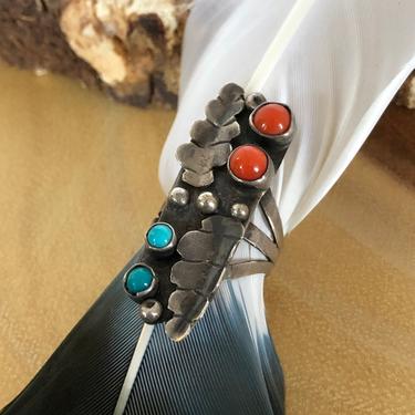DOUBLE DECKER Silver Coral & Turquoise Ring | Vintage 1970s Large Statement Ring | 60s Native American Navajo Style Jewelry | Size 6 1/4 