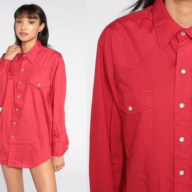 Pearl Snap Shirt Red Shirt 80s Western Shirt Long Sleeve Vintage 70s Button Up Retro Plain Rodeo Cowboy Shirt Men's Extra Large xl 