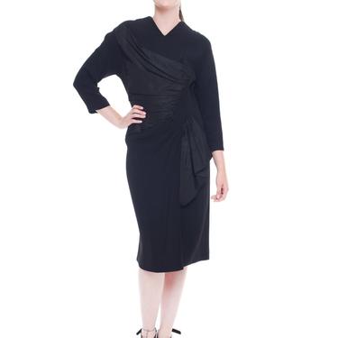 1940S DOROTHY O'hara Black Silk Crepe &amp; Taffeta Asymmetrical Draped Dress 