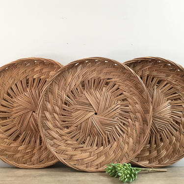 Woven Round Wall Baskets 18&amp;quot; Set of Three Large Hand Woven Wicker Boho Rustic Decor 