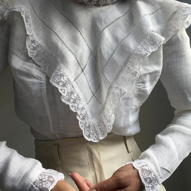 vintage pure linen ornate 70s victorian inspired delicate bib collar blouse 