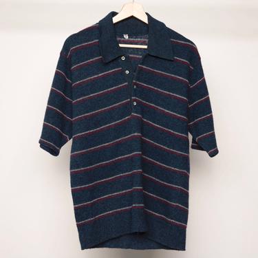 vintage 1970s wool HENLEY men's striped club kid short sleeve sweater -- men's size medium 