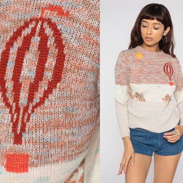 70s Sweater Sunset Hot Air Balloon Print Space Dye Sweater Bohemian Sweater Boho Knit 1970s Pullover Hippie Seventies Orange Small Medium 