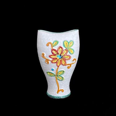 Vintage 1960s 1970s Mid Century Modern Hand Painted Italian Art Pottery 8.5&amp;quot; Vase with Colorful Floral Motif Bitossi? Raymor? 