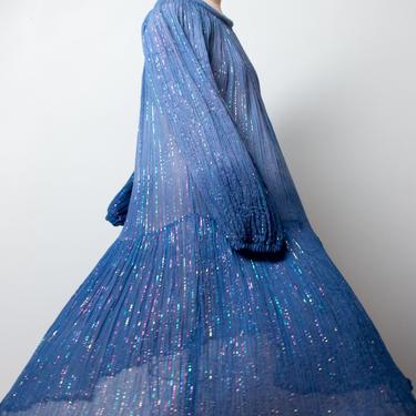 1970s Ombre Gauze Dress | 70s Blue Rainbow Lurex Indian Gauze Dress 
