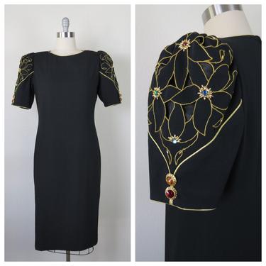 Vintage 1980s cocktail dress, puff sleeves, statement sleeves, jewel embellishments, cutwork floral, gold metallic, size L, XL 