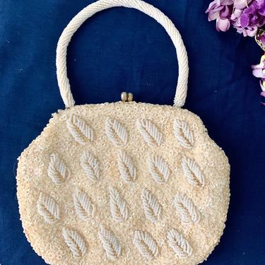 Vintage 50s Beaded Handbag Clutch, Leaf Design, Purse, Wedding, Bridal, Bride 