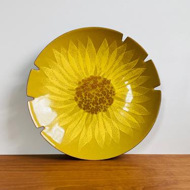 Mid-century sunflower plate / enameled copper dish in yellow / Bovano of Cheshire large ashtray 