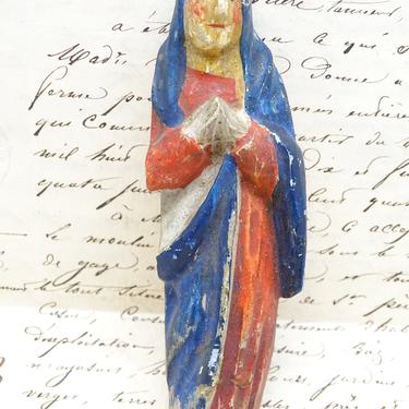 Early 1900's French Madonna Santos, Antique Hand Carved &amp; Hand Painted Mother Mary for Christmas Putz or Nativity Creche, Holy Saint 