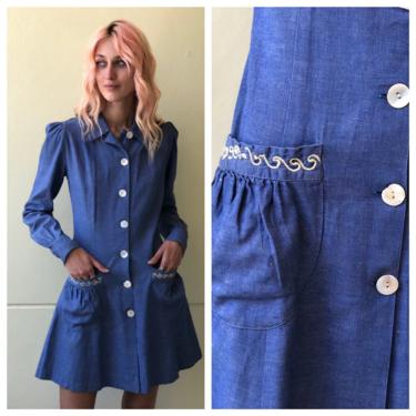 Vintage 1930's Denim Shirt Dress / Distinctive Nina Lou Frocks / 1940's Cotton Dress / Denim Thirties Dress / Ocean Waves Embroidery 