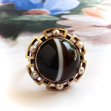 Antique Victorian Banded Agate Seed Pearl Ring 18K 10K 