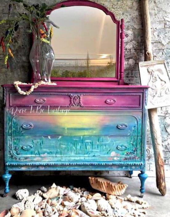 Vintage Hand Painted Sunset Dresser Hand Painted Dresser Seascape Sunset Dresser Boho Dresser Bedroom Furniture Painted Furniture By
