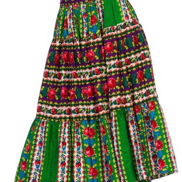 1970S Bright Multicolor Cotton  Boho Floral Rose Skirt 