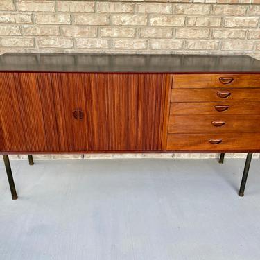 Italian MCM Teak Credenza Sideboard Cabinet with Tambour Sliding Doors and Drawers 