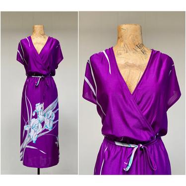 Vintage 1970s Slinky Floral Disco Dress, 70s Deep V Purple lris Print Stretchy Polyester Sheath by Ritz Hawaii, Medium 