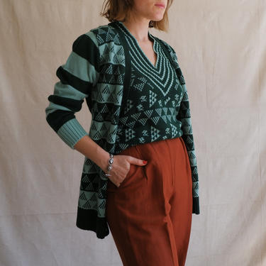 Vintage 70s Green Twin Set/ 1970s Knit Vest and Cardigan Sweater/ Geometric Print/ Size Medium 