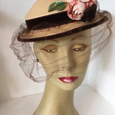 1950s straw hat, vintage rose hat, Hat with veil, Summer hat, flower hat, 22 inch hat, Brown hat, floral hat 
