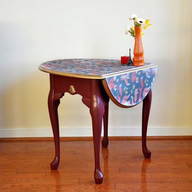 Drop Leaf, Burgundy Accent, Maroon Side Table, Solid Wood, Whimsical Fox, Distressed Decoupage, Living Room, Painted Red & Gold Furniture 