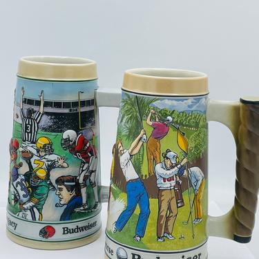 Vintage Pair of Budweiser Beer Steins - Golf and Football Sports Series - "Par For the Course" 1992 and 1990 Ceramarte 